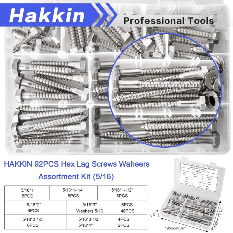 Hakkin 5/16" Hex Lag Bolts Screws Washer Assortment Kit 1" 1-1/4" 1-1/2" 2" 2-1/2" 3" 3-1/2" 4",92Pcs Stainless Steel Lag Screws,Heavy Duty Hexagon Head Lag Bolt Wood Screws Washer Kit by - Image 5